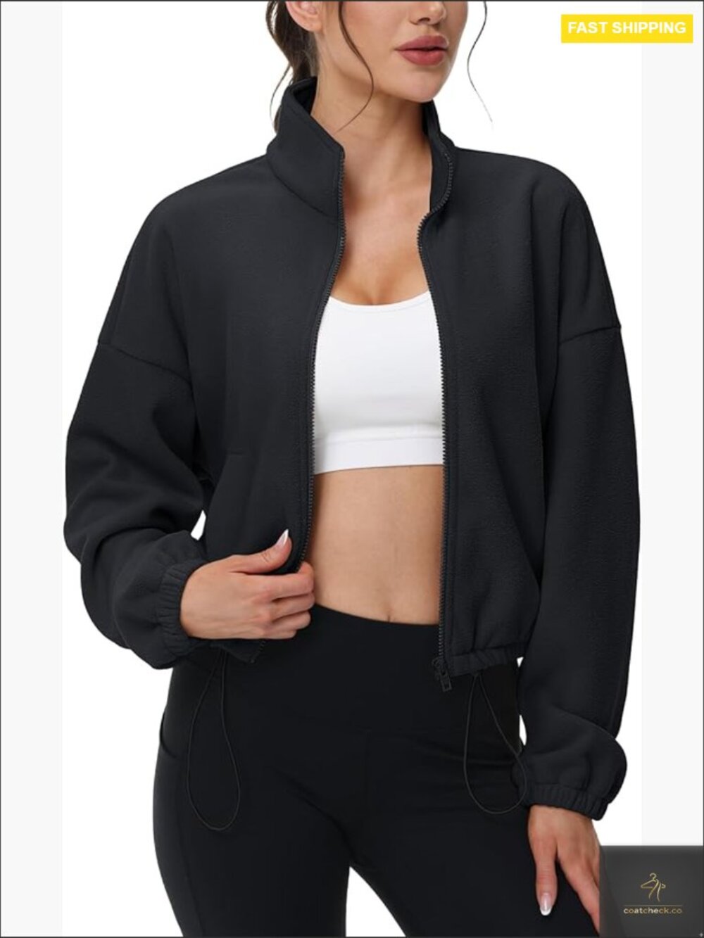 Cropped Fleece Jacket Full Zip Stand Collar Short Sherpa Coat Winter